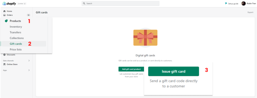 create a gift card step by step shopify