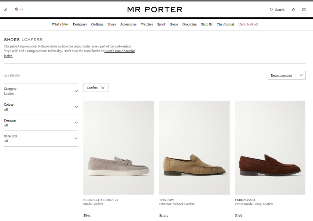 A screenshot of Mr Porter’s website
