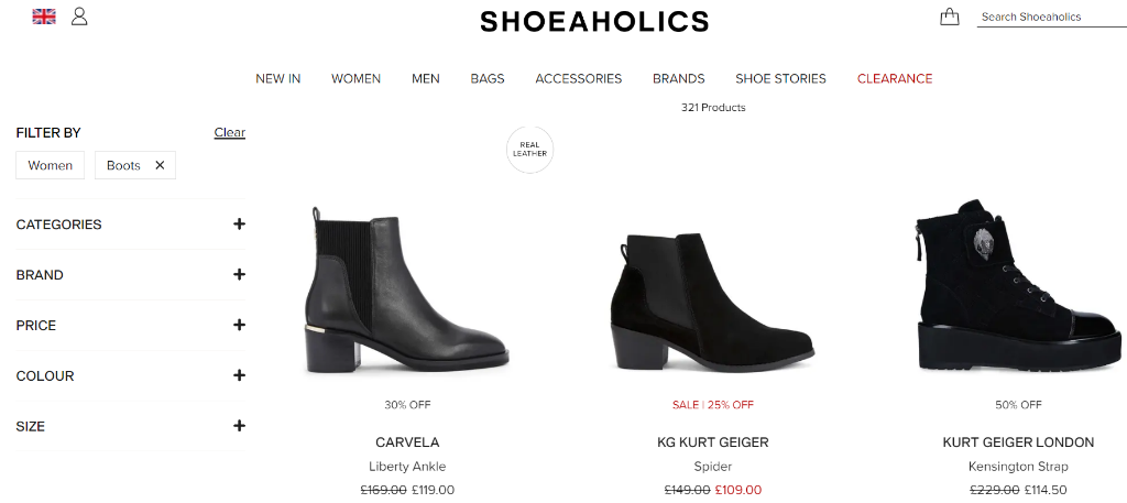 A screenshot of Shoeaholics’ website