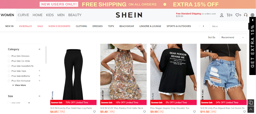 A screenshot of SheIn’s website